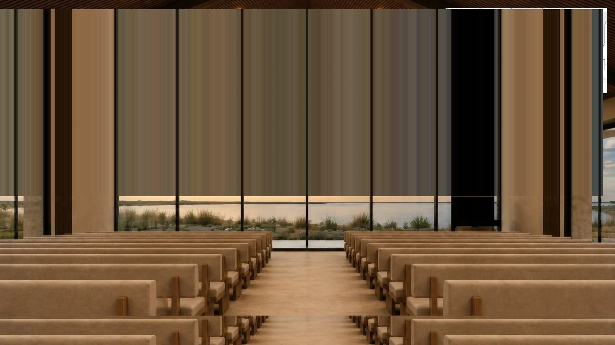The Chapel at 1020 Ranch, glass gable wall overlooking the lake