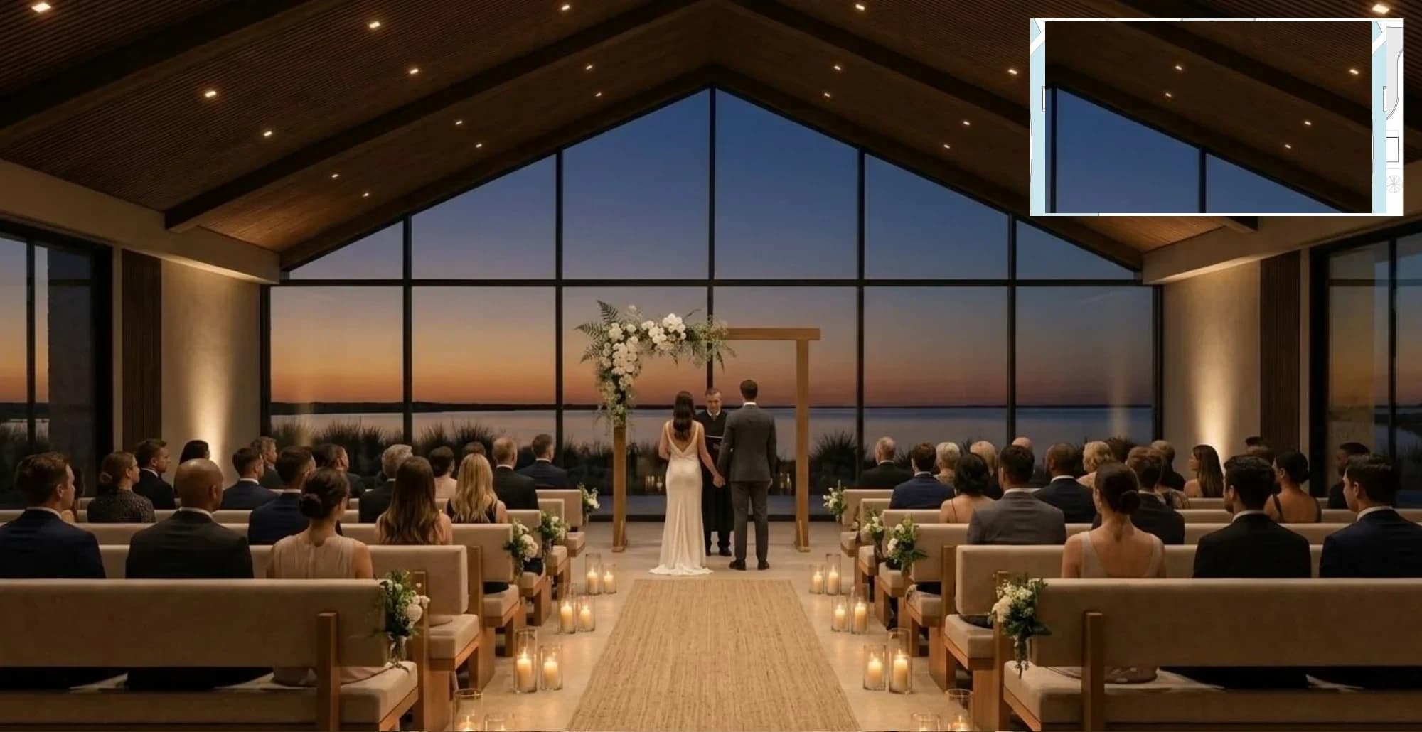 The Chapel at 1020 Ranch, glass gable wall overlooking the lake
